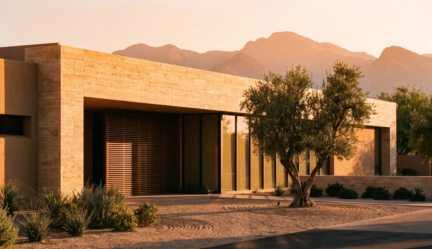 A low desert-modern building in warm travertine at golden hour, with an olive tree at the entrance