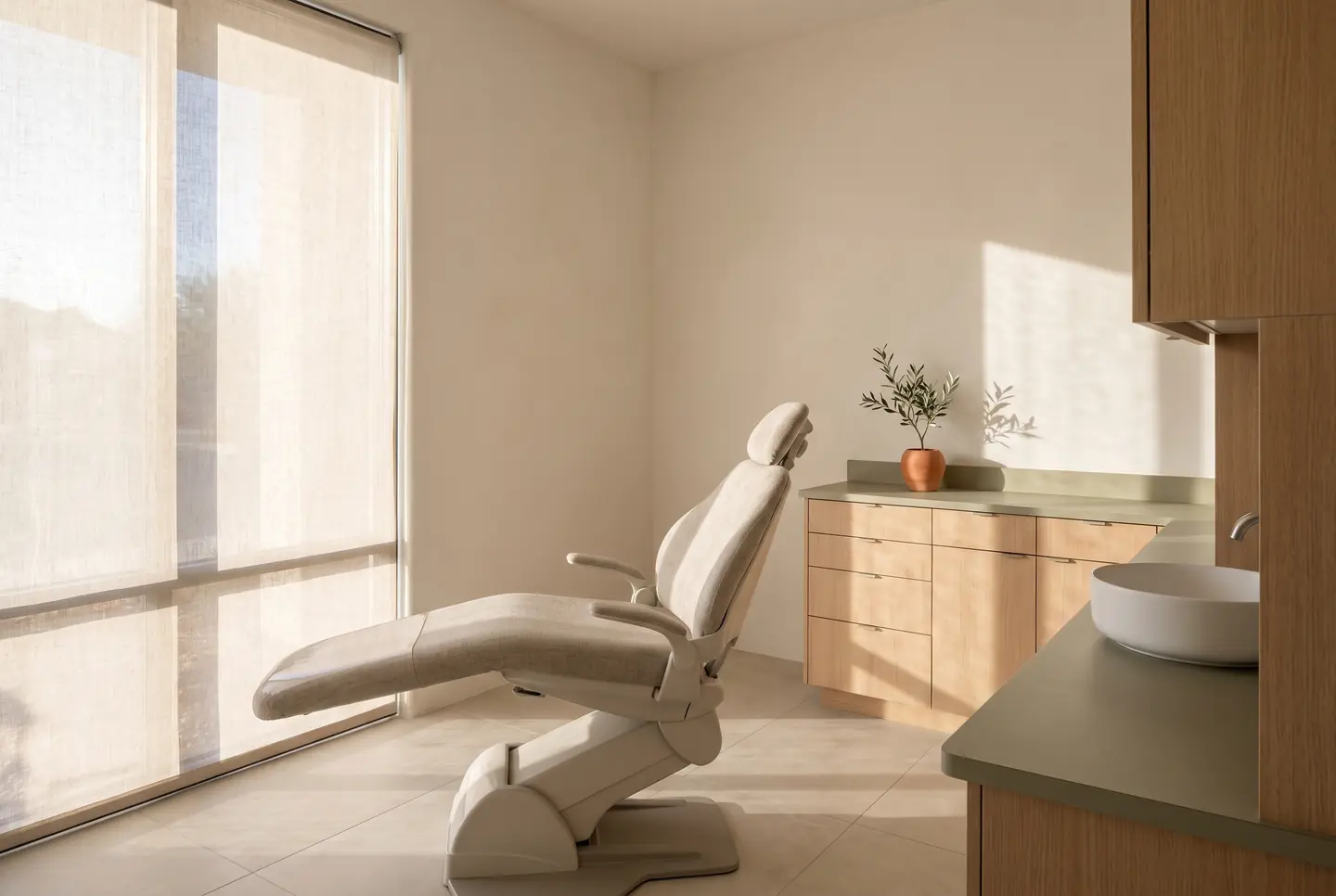 A pristine modern treatment room in warm afternoon light